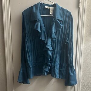 Ruffle-Front Bell-Sleeve Teal Button-up Blouse